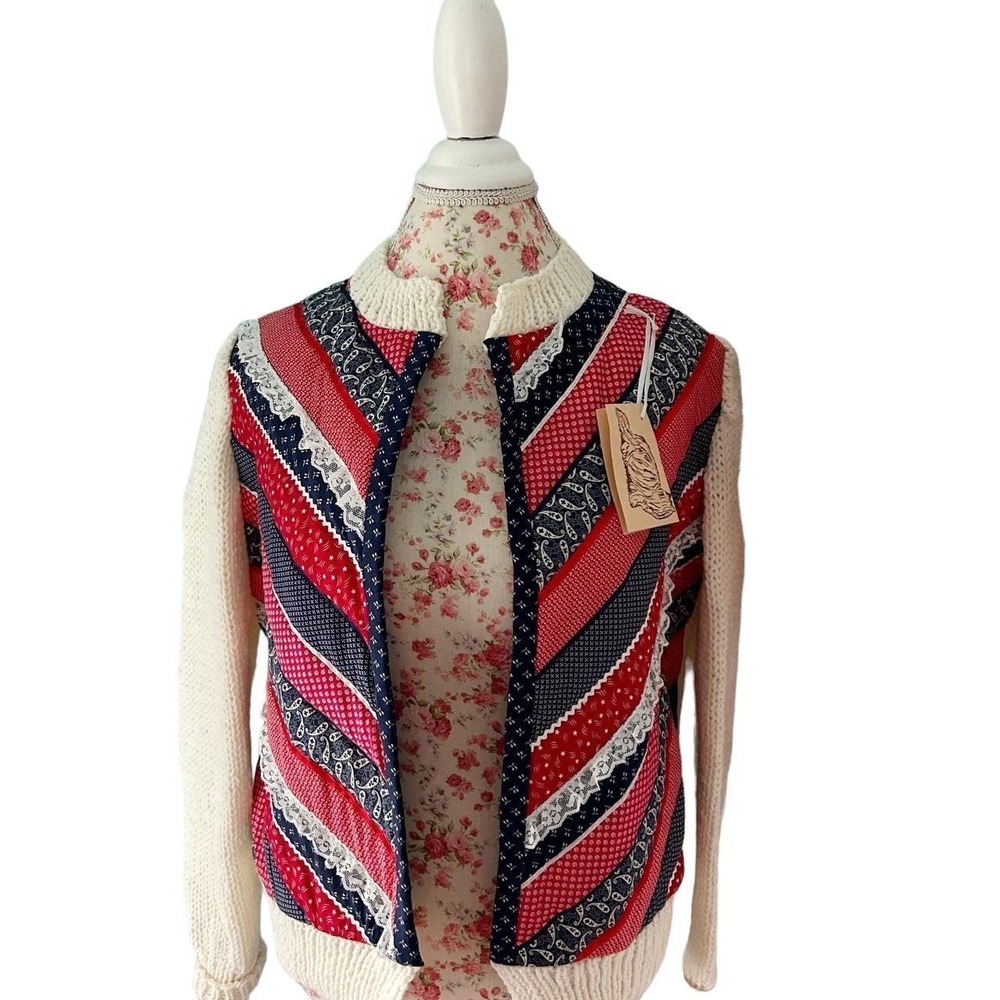 Vintage Handmade Sweater Red Blue Cream Star Print Quilted Cotton Cardigan Boho